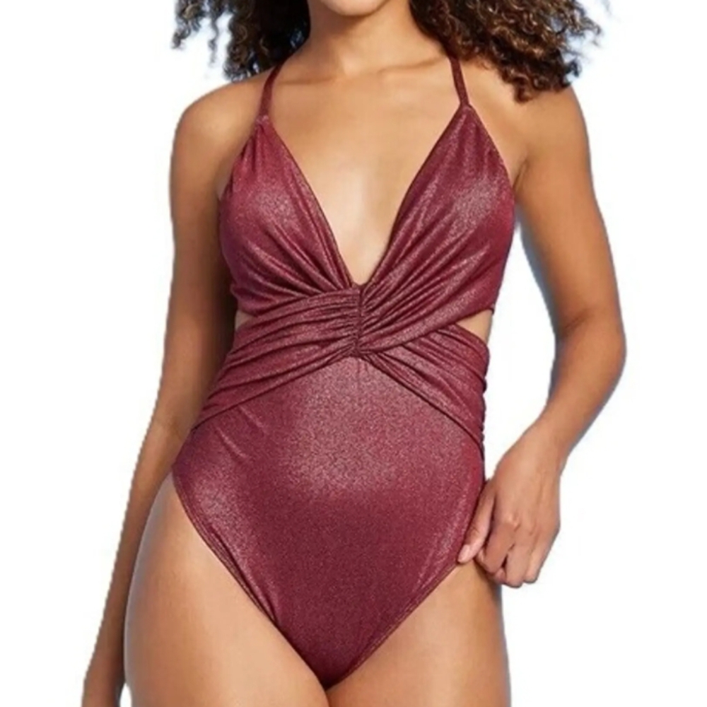 Women's Monokini Plunge Lurex One Piece Swimsuit - Shade & Shore S 4-6 NWT